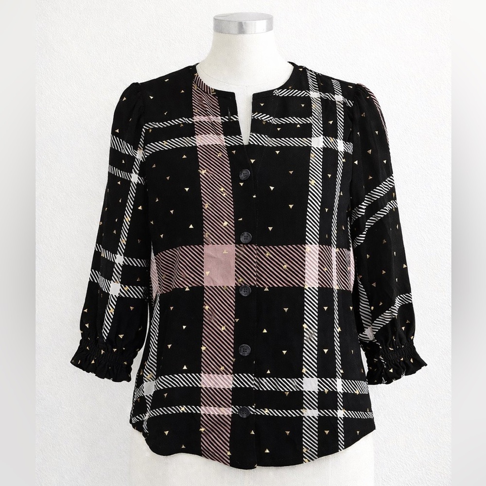 Harve Benard Plaid Button Front Blouse Gold Foil Print Small NWT